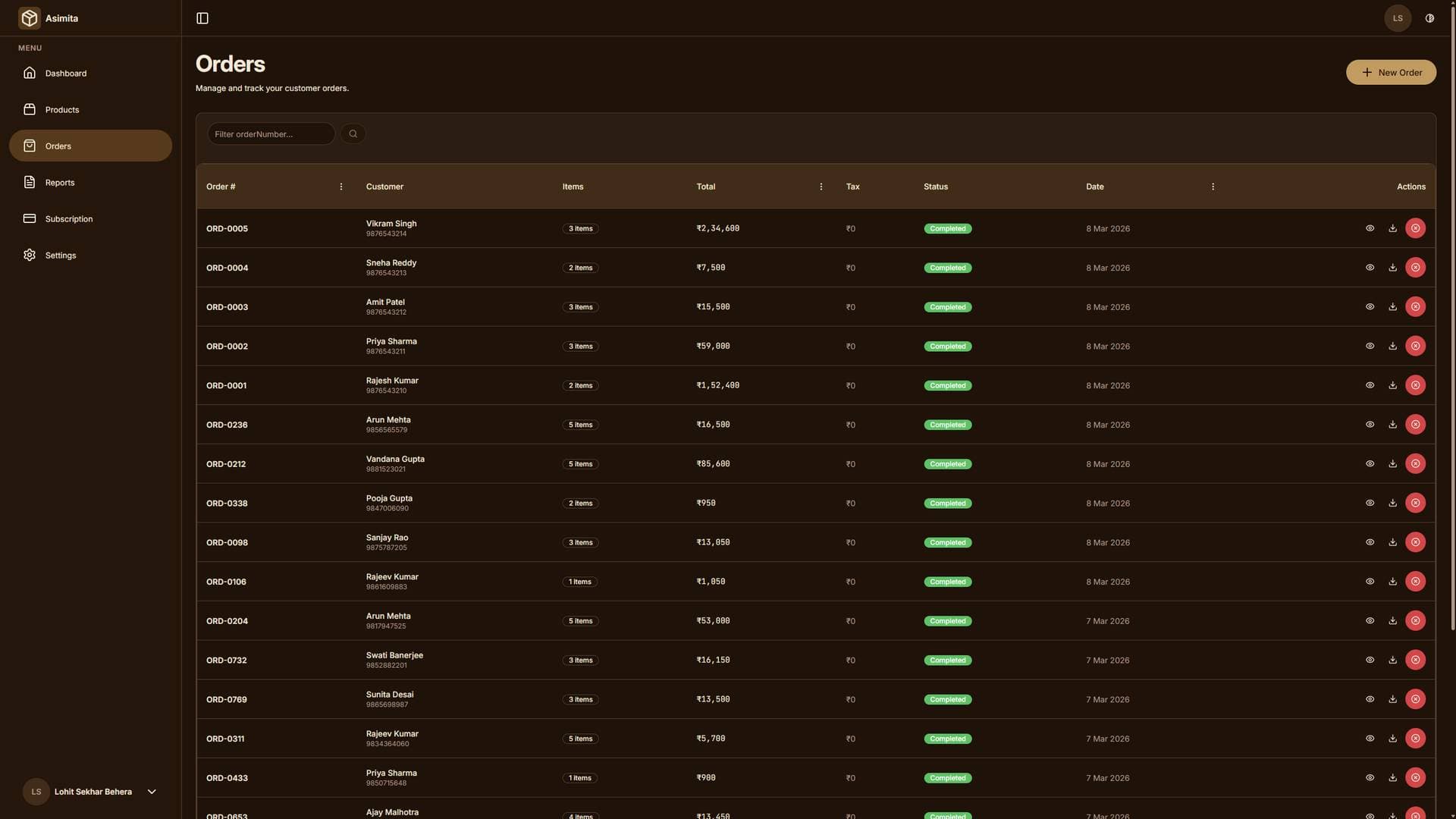 Order Management Interface Dark